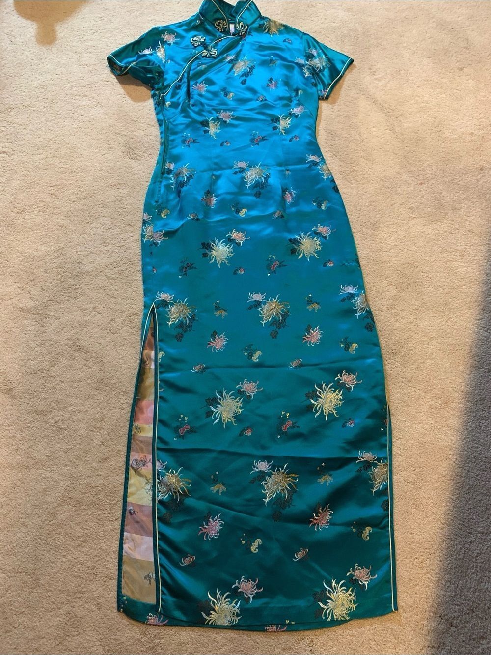 Vintage Solz Squirrel Teal Satin Embroidered Cheongsam Dress